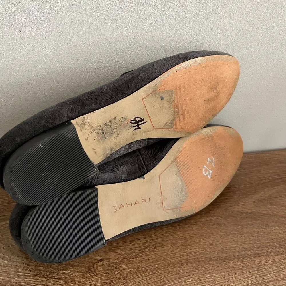 Tahari Velvet Loafer Flats Gray Floral Jacquard Slip On Women 8.5
